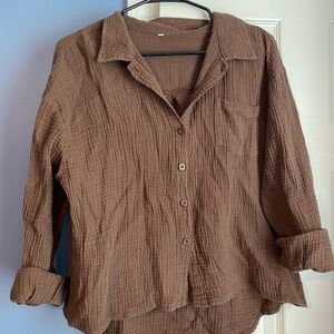 Brown Textured linen Button-Up Shirt